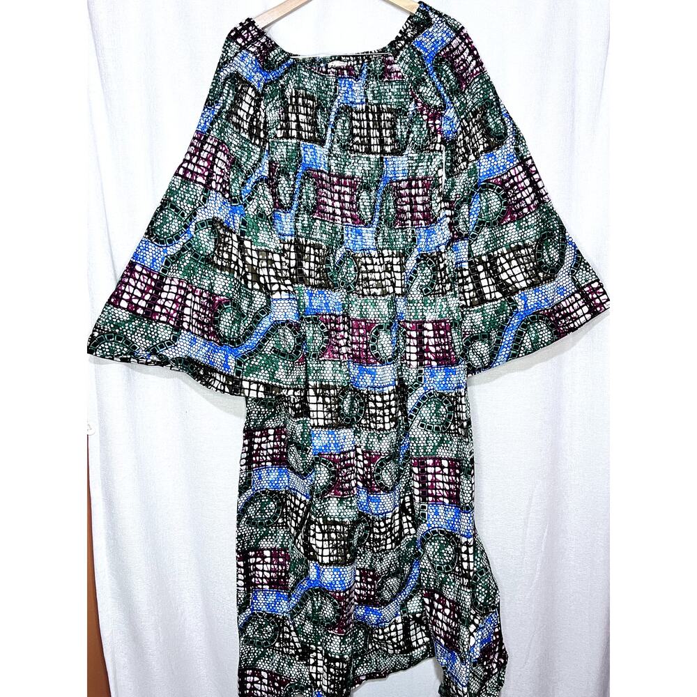 Advance Apparels African Green Blue Off Shoulder Smocked Boho Maxi Dress
